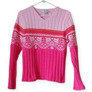 Women's Pink Striped Relaxed Fit V-Neck Sweater Size Small